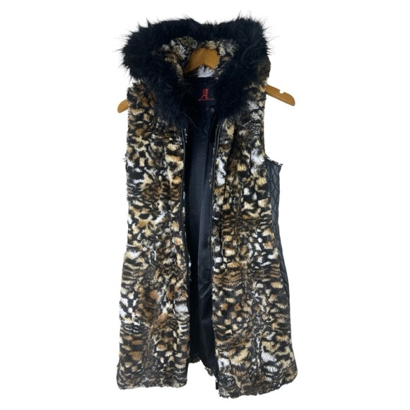 Adrienne Landau Leopard Faux Fur Long Hooded Vest w/ Quilted Leather Sides Med - Picture 6 of 14